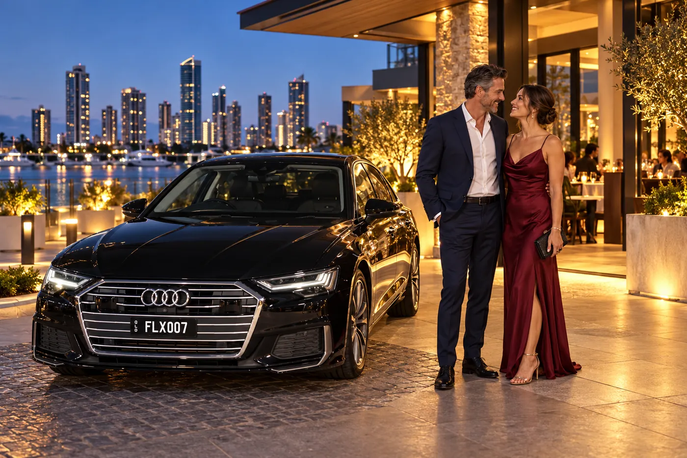 Executive Audi Sedan arriving at the waterfront