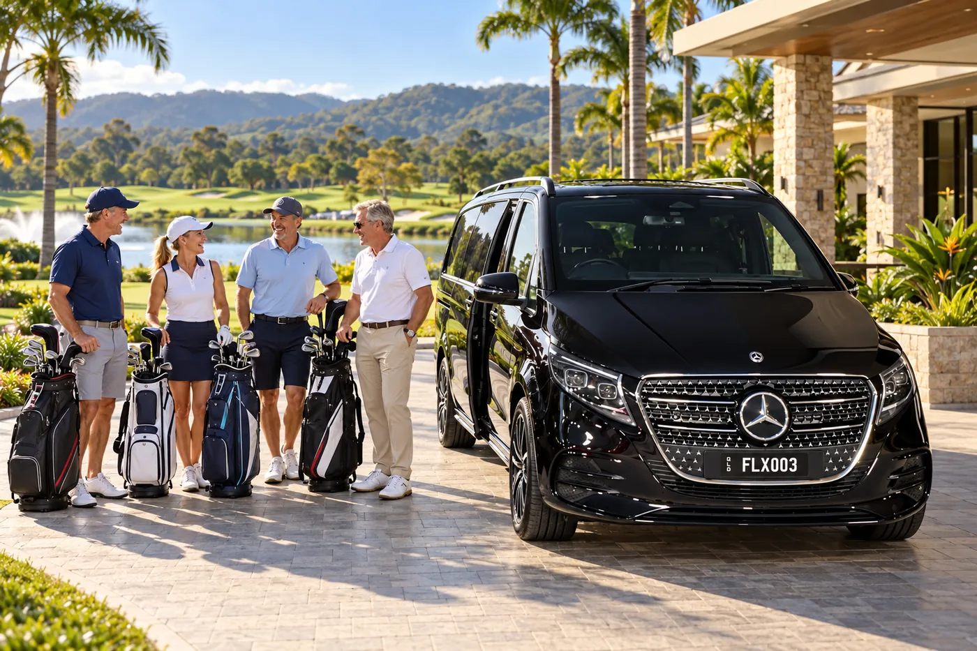 Black Mercedes chauffeur vehicle arriving at the entrance of a golf resort
