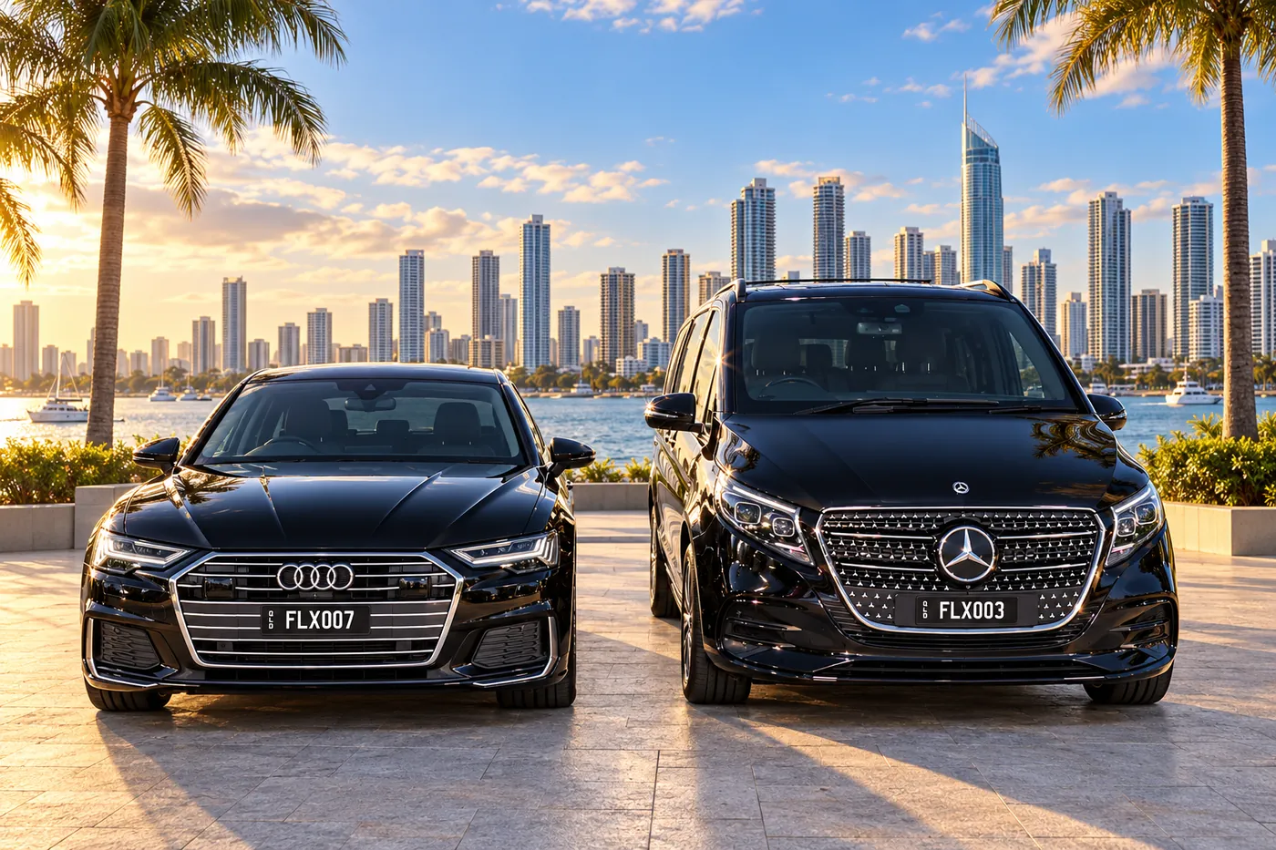 Executive Audi sedans and a Mercedes V-Class lined up together, ready for chauffeur transfers