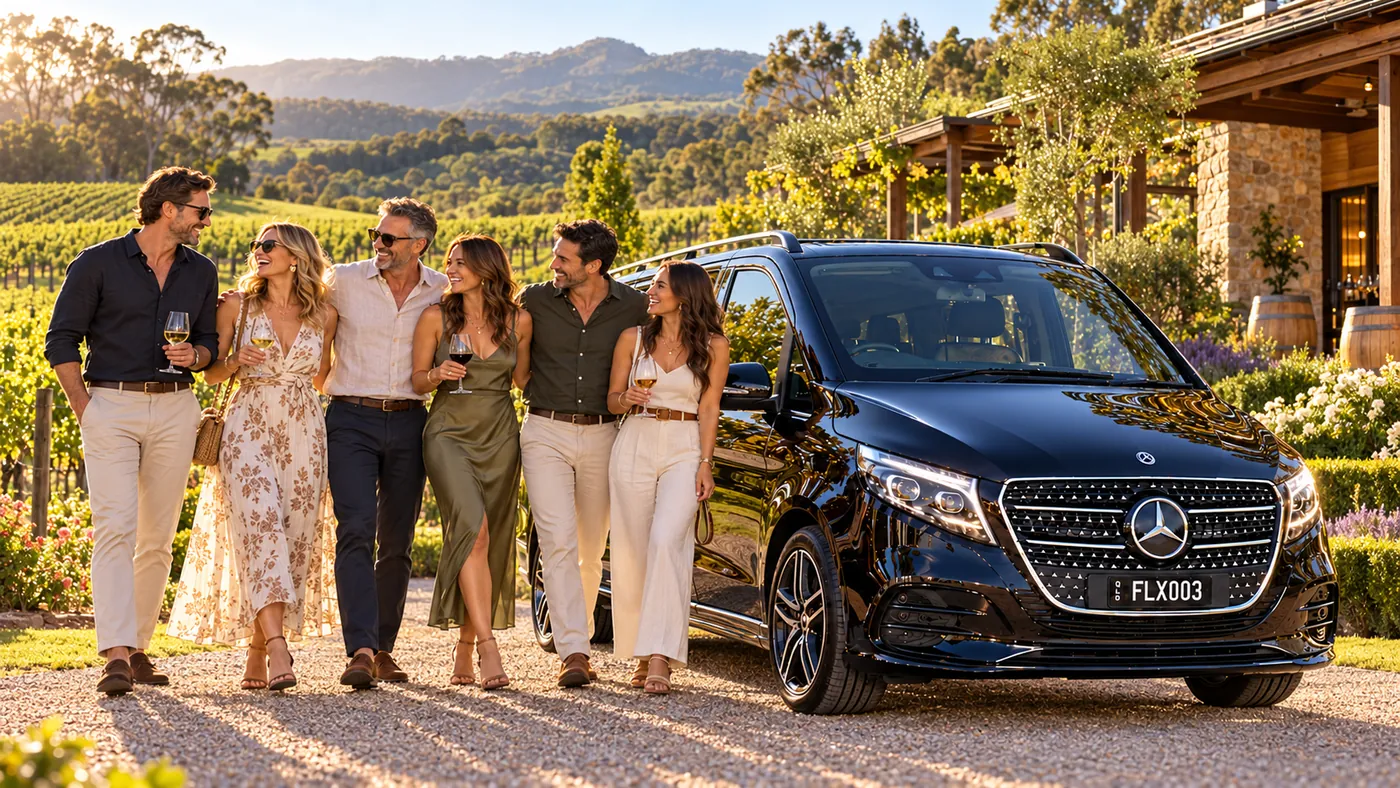 Luxury chauffeur vehicle on a winding road through the green hills of Tamborine Mountain