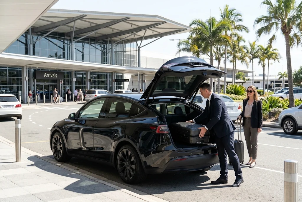 Tesla at an airport pickup