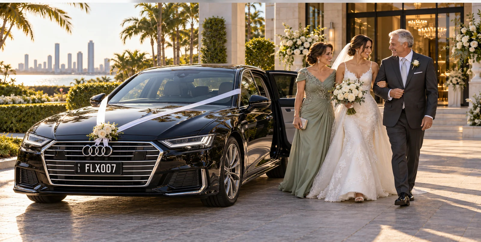 Bride walking with her mother and father to a ribboned black Audi