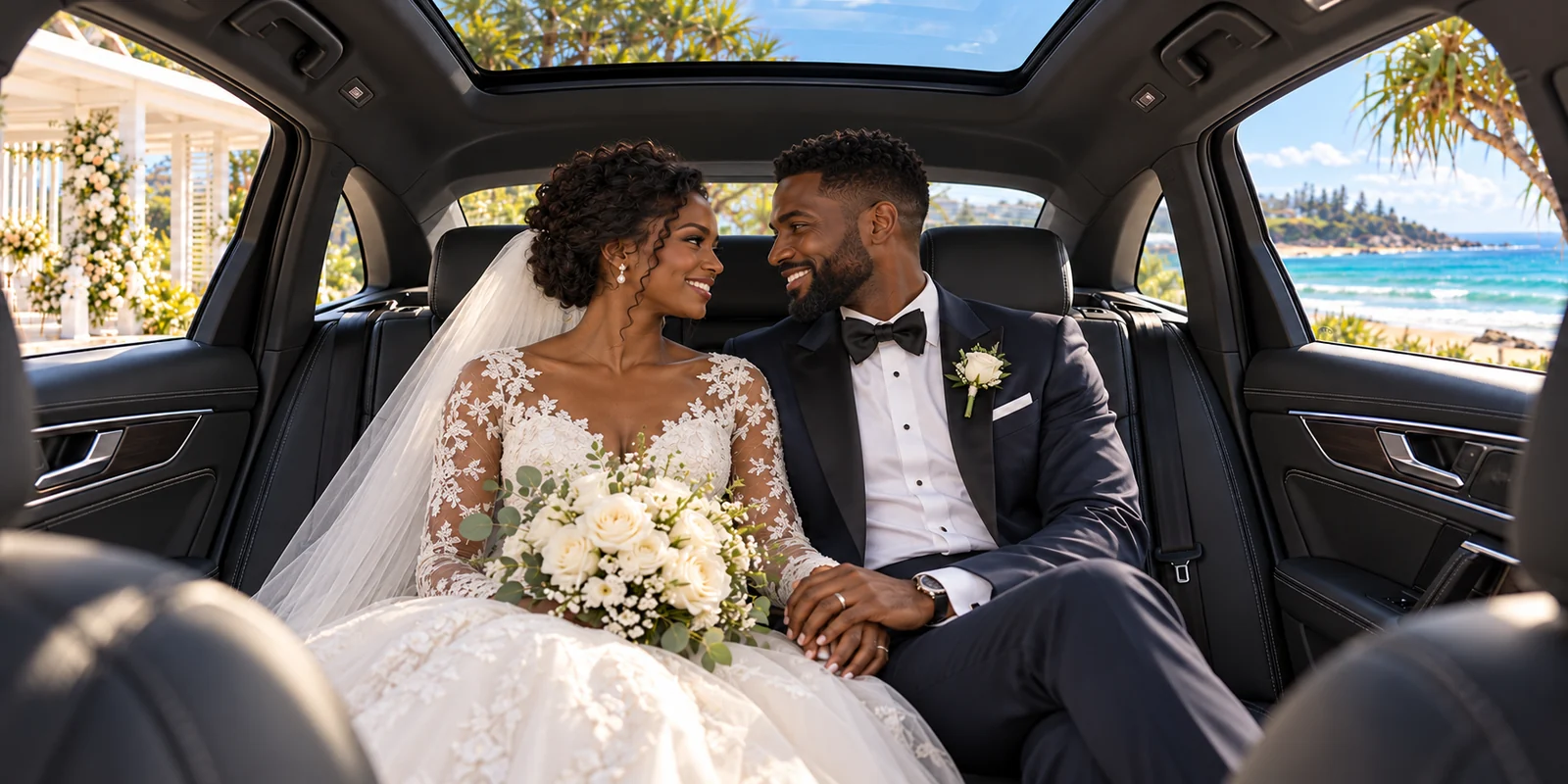 Newlyweds holding hands in the back of a luxury Audi