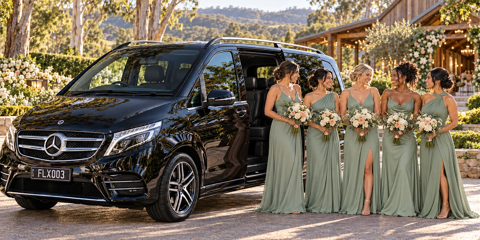 Five bridesmaids in sage green beside a Mercedes van