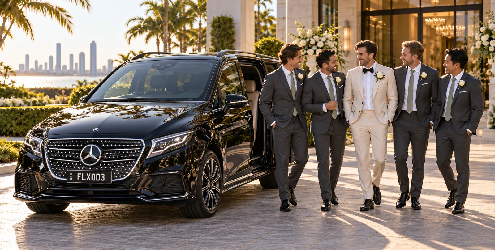 Groom and four groomsmen walking beside a black Mercedes V-Class