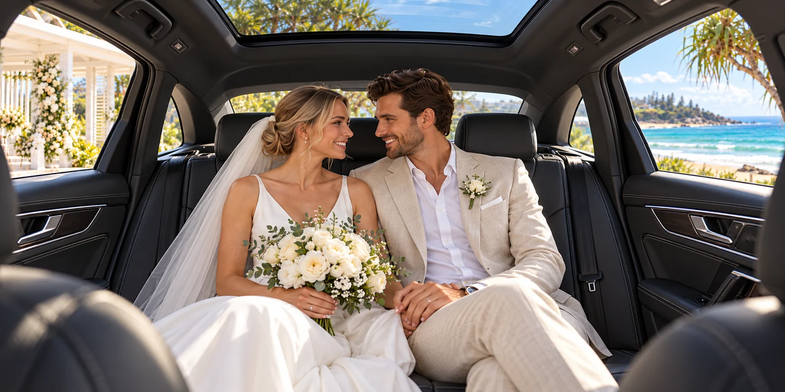 Newlyweds smiling together in the back seat of a black Audi